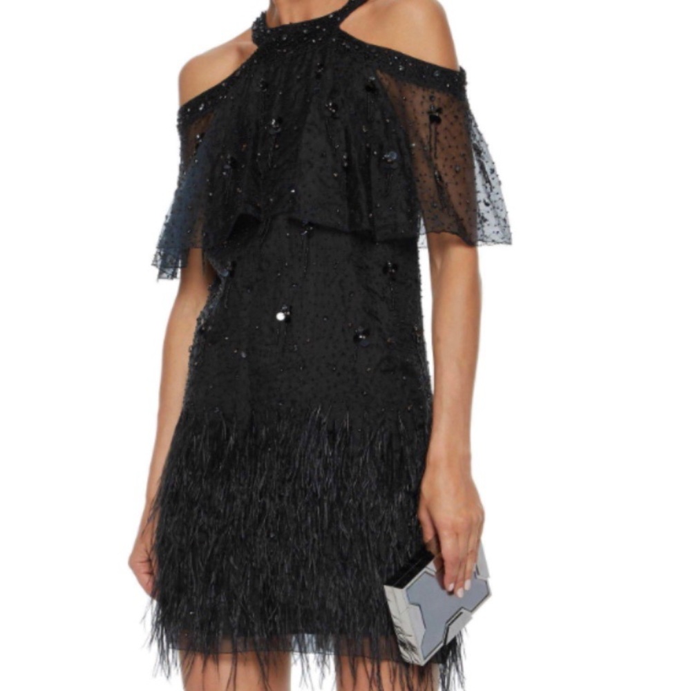 Designers Ellie Tahari Tristana Coldshoulder Embellished Silk Dress Black
